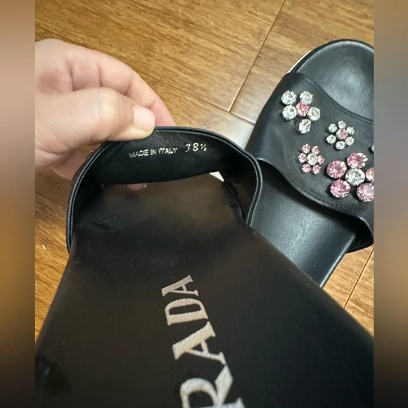 Prada Leather Slides with Rhinestone Detail Lightly Worn Size 38.5 (8)